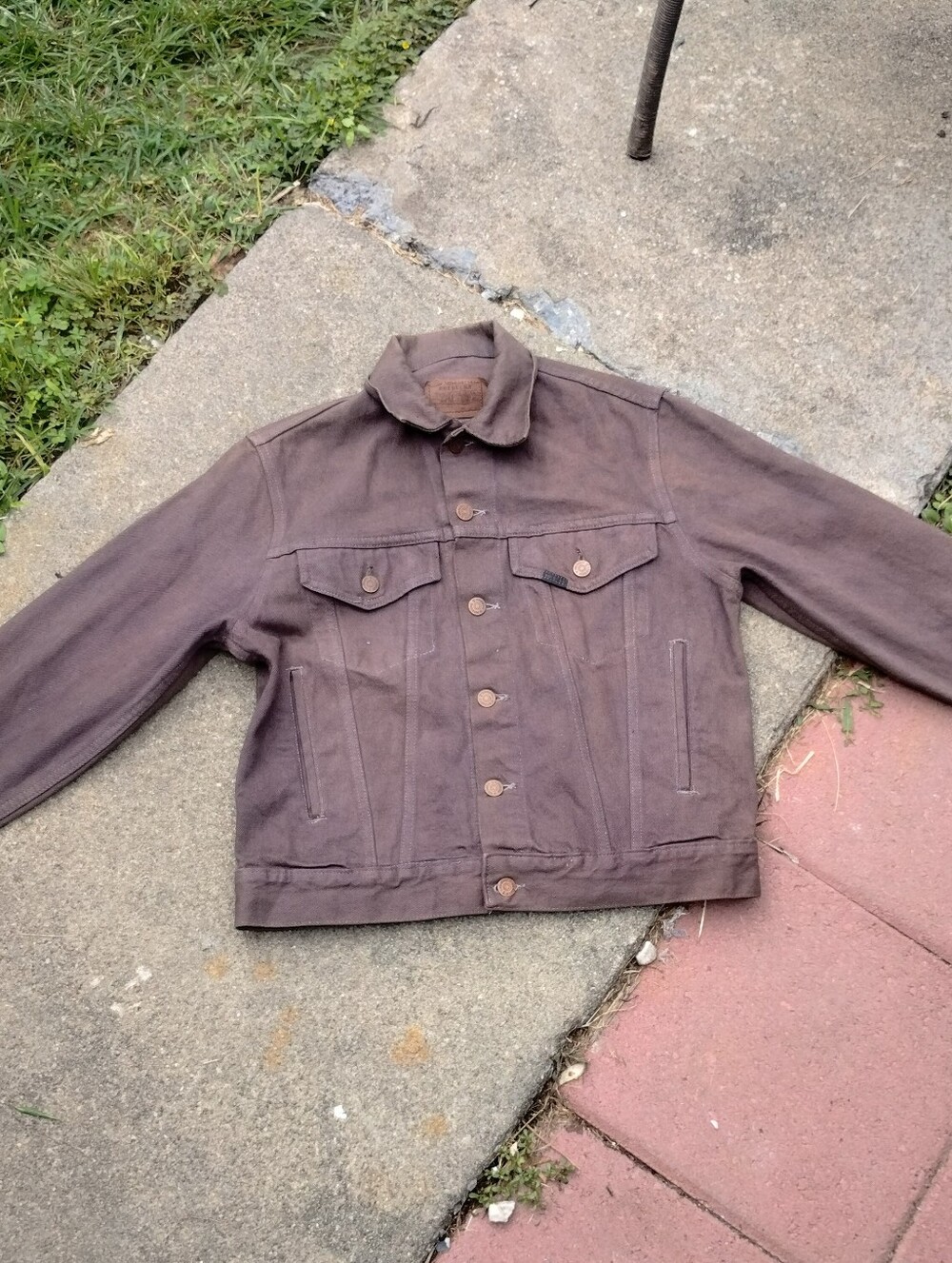 Roebucks Brown Denim Trucker Jacket 4 pocket fade Made in USA Size S VGE 70s